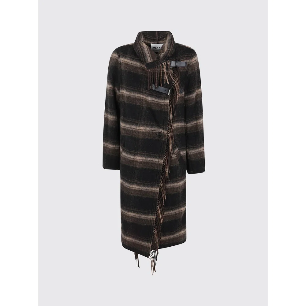 Однобортное пальто Isabel Marant Etoile из смесовой шерсти в клетку с бахромой 2