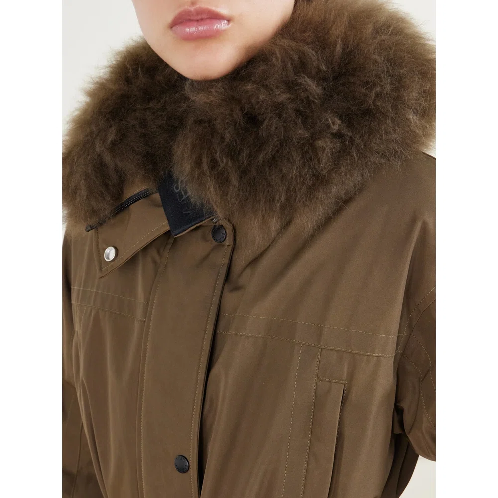 Belted hooded shearling-trimmed shell ski jacket 6