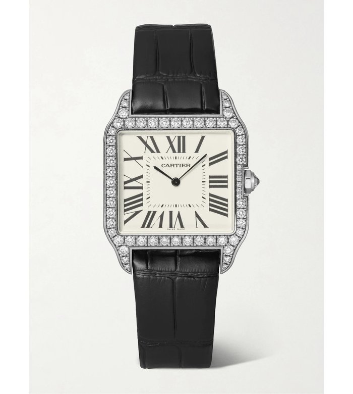 + Винтажные наручные часы Cartier Santos Dumont 2000 года с ручным заводом, из 18-каратного белого золота, бриллиантов и кожи, арт. WH100351 (запястье 6,2")