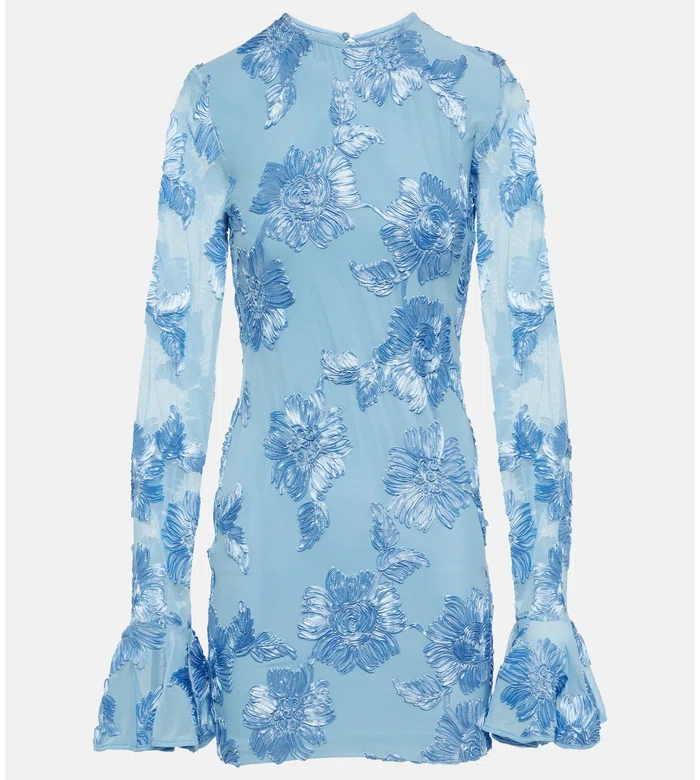 Bridal floral-appliqué mesh minidress