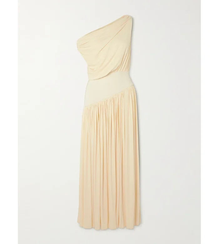 Макси-платье на одно плечо с асимметричным драпировочным кроем, отделкой из джерси и из эластичного бамбука
